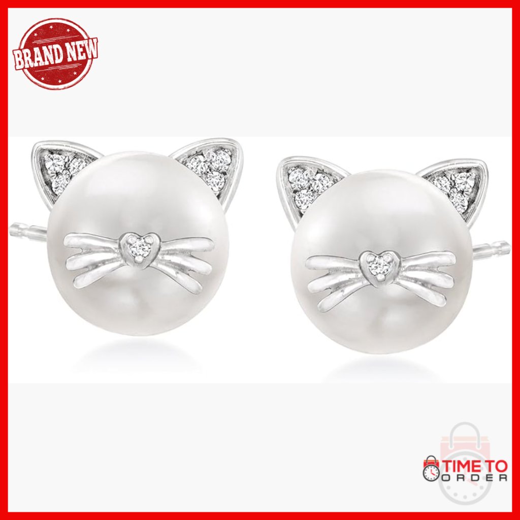 Sterling Silver Pearl Stud Earrings With Diamond Accents 8-8.5mm